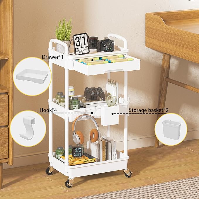 3 Tier Rolling Utility Cart with Drawer, Plastic Storage Organizer Rolling Carts with Wheels Handles Hanging Cups Hooks for Office, Bathroom, Kitchen,Craft Art Room (White) - Image 3