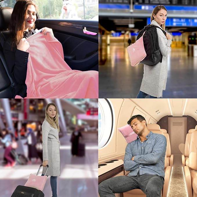 BlueHills Travel Blanket Pillows for Two Airplane Traveling Essentials Flight Throws in Bag case with Backpack Clip Compact Large Plane Accessories – Light Gray and Light Pink - Image 3
