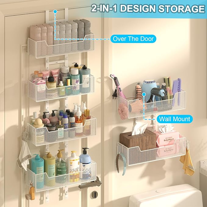 Hongtamoya Over The Door Organizer, Metal Hanging Door Organizer with 6 Adjustable Baskets and 5 Hooks, Behind The Door Storage for Closet Cabinet Kitchen Bathroom Bedroom Pantry Door Organizer, White - Image 5