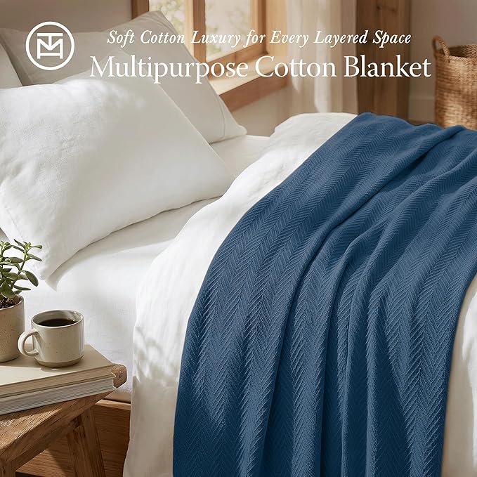 Threadmill Luxury Cotton Blankets for Twin Size Bed | All-Season 100% Cotton Twin Blanket for Bed | Herringbone Soft & Cozy Fall Thermal Blanket, 350GSM, 68x92 inches | Folkstone Blue | 100% Cotton, Herringbone Pattern, 350 GSM, 68x92 in, Breathable, A... - Image 2