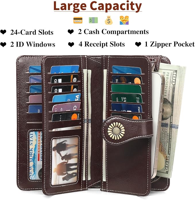 SENDEFN Wallets for Women Leather Credit Card Holder with RFID Blocking Large Capacity Wristlet | with RFID Blocking - Image 3