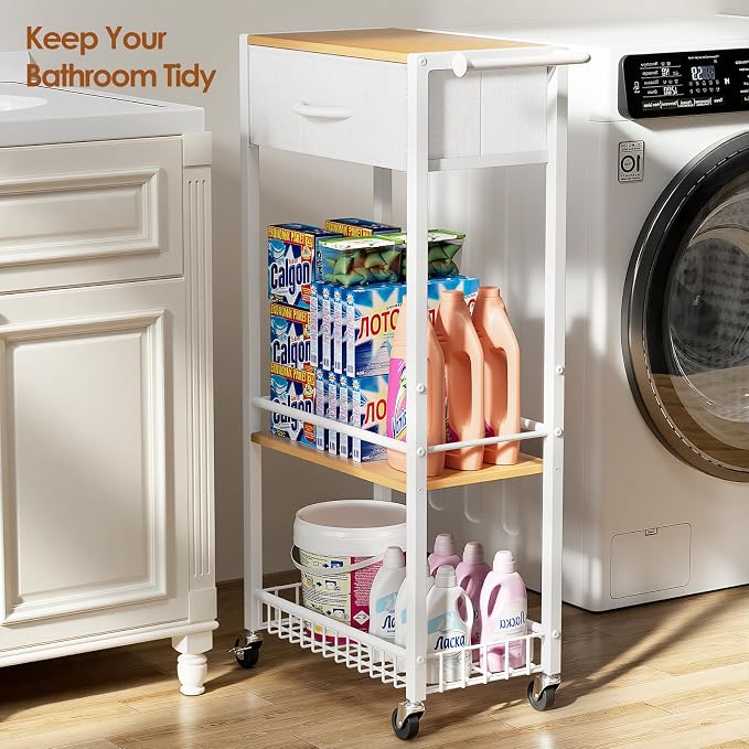 Lewondr 3-Tier Slim Storage Cart with Drawer, Rolling Utility Cart, White | Handle & Lockable Wheels, with Wood Top, Metal Frame, Kitchen Bathroom Laundry Room Organizer for Small Spaces - Image 6
