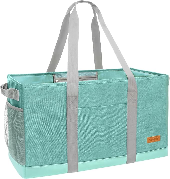WONDAY X-Large Utility Tote Bag, Standing Reusable Grocery Bag | 22x11x13.5in, 50L capacity, holds 100lbs, collapsible, fabric with leather bottom, for beach travel storage by WONDAY