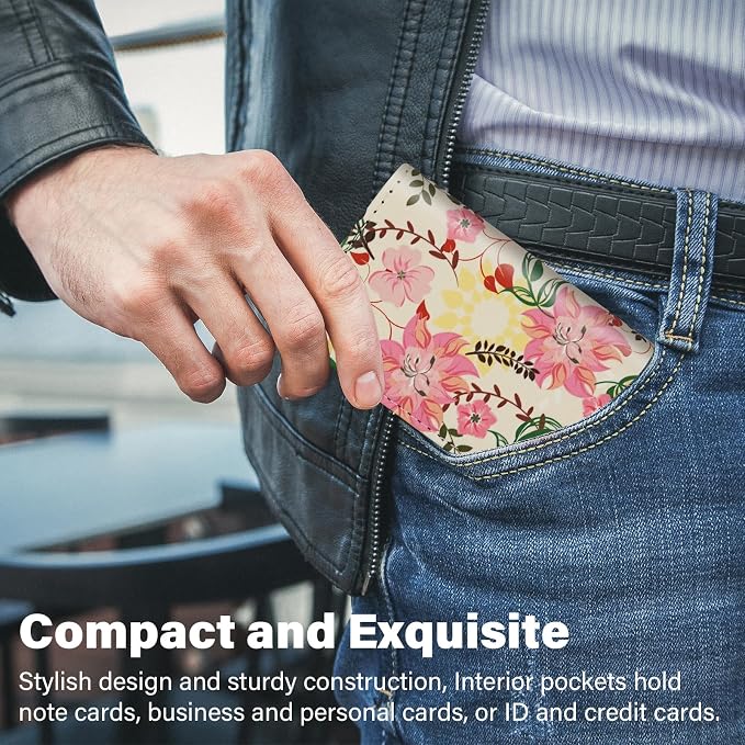 Business Card Holder，PU Leather Business Card Case Color Printing Pattern Card Holder Wallet，Pockets Magnetic Credit Card Holders for Men and Women - Red Yellow Flowers - Image 5