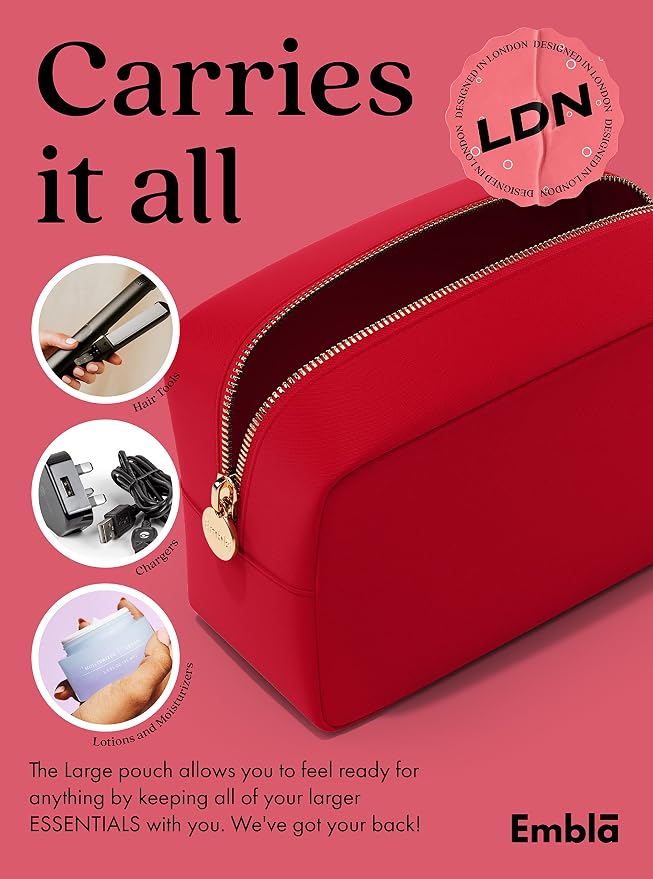 Embla Large Makeup Bag and Waterproof Nylon Travel Toiletry Bag, Large Capacity Cosmetic Zipper Pouch, Red - Image 5