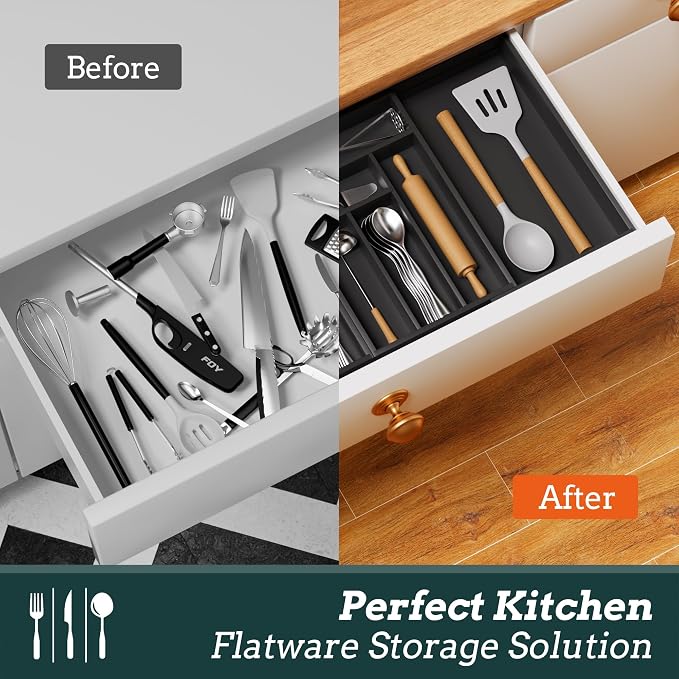 Silverware Organizer Large, Magnetic Connected Expandable 13 Slots Silverware Drawer Organizer From 21 to 37.4 Inches, Adjustable Flatware and Cutlery Holder, Bamboo Utensil Tray for Kitchen Black - Image 7