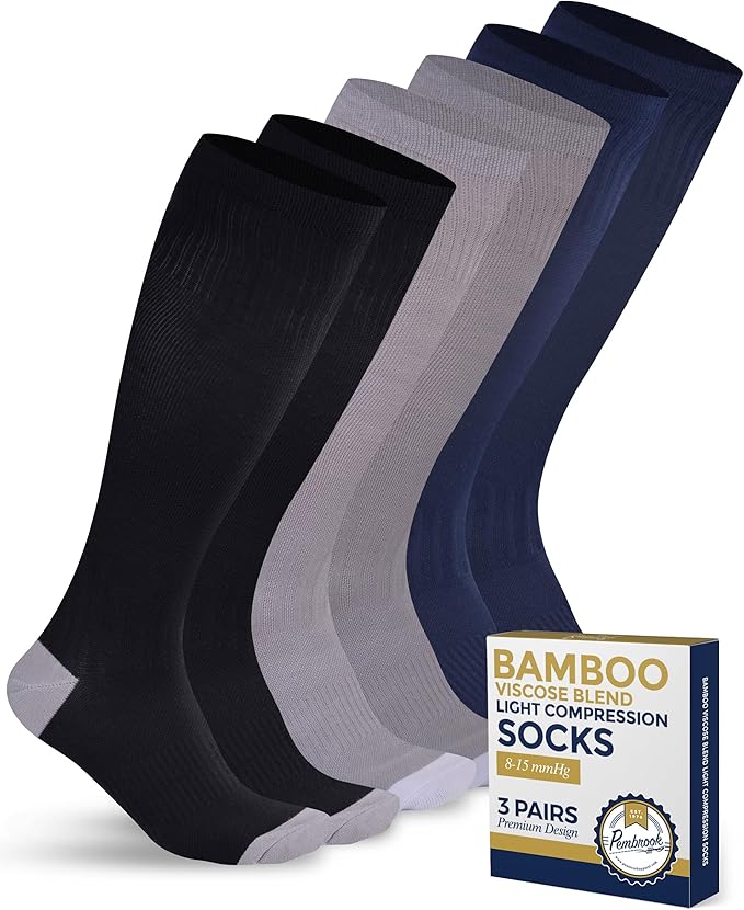Pembrook® Bamboo Viscose Light Compression Socks - 3 Pairs | 8-15 mmhg Compression Socks | Knee High Comfort Support Socks by Pembrook