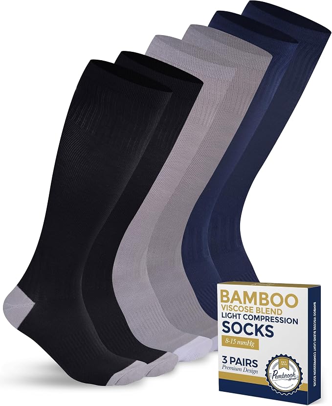Pembrook® Bamboo Viscose Light Compression Socks - 3 Pairs | 8-15 mmhg Compression Socks | Knee High Comfort Support Socks by Pembrook