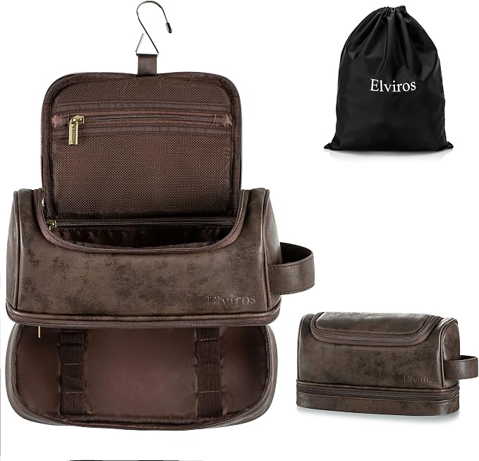 Elviros Hanging Toiletry Bag PU Leather Shaving Kit (Extra Large, Coffee) | Water-Resistant Travel Organizer with Hanging Hook for Toiletries, Shaving Tools, Grooming Items, and Daily Storage by Elviros