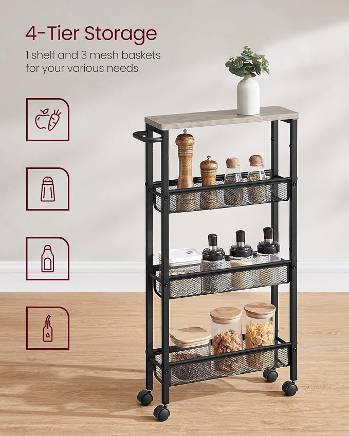 VASAGLE Slim Rolling Cart, 4-Tier Storage Cart, Narrow Cart with Handle, 5.1 Inches Deep, Metal Frame, for Kitchen, Dining Room, Living Room, Home Office, Heather Greige and Classic Black ULRC032K01 - Image 4