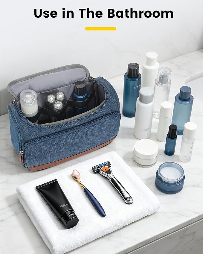Vorspack Structured Canvas Travel Toiletry Bag for Men, Medium-Navy Blue | Upright Travel Bag with Wet Pocket, Wide Opening, Bathroom Organizer for Shaving Grooming Skincare, Travel Essentials, Gifts - Image 7