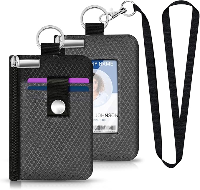 Minimalist RFID Blocking Small Wallet with ID Window,WaterResistant Zip Id Case Wallet with Lanyard Keychain for Cards,Cash,Travel,Women,Men (DarkGrey/Black) - Image 6
