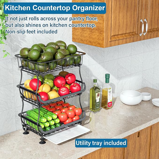OKZEST 3-Tier Rolling Pantry Floor Organizers and Storage Cart with Wheels | Fits under pantry shelf, Stackable kitchen pantry baskets with dirt catch tray, Holds drink, snack, can, potato, onion, fruit - Image 8