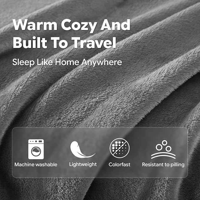 Travel Blanket, Soft 2-in-1 Airplane Blanket, 65x40 Inches, Travel Blanket Airplane Compact with Bag, Car Blanket with Luggage Sleeve & Backpack Clip (Light Grey) - Image 5