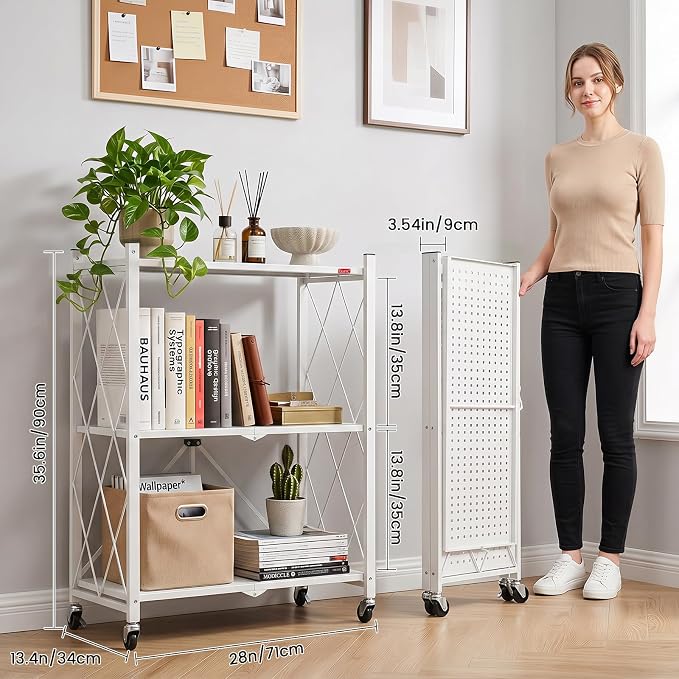 DEANIC 3 Tier Foldable Storage Shelves with Wheels, Large Capacity Shelving Unit, Freestanding Metal Wire Shelf Rack, No Assembly Organizer Rack for Garage Kitchen, Basement, Pantry(White Pack of 2) - Image 3