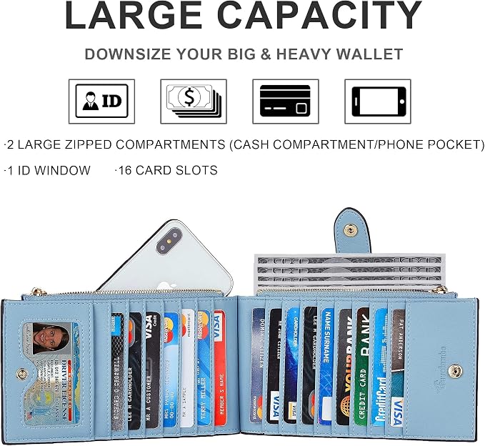Travelambo Womens Leather Bifold Wallet, Slim RFID Blocking Card Holder | Large Capacity, 16 Card Slots & ID Window, 2 Zipper Pockets, Dual Snap Closure, Slim Lightweight, RFID Privacy Protection - Image 5