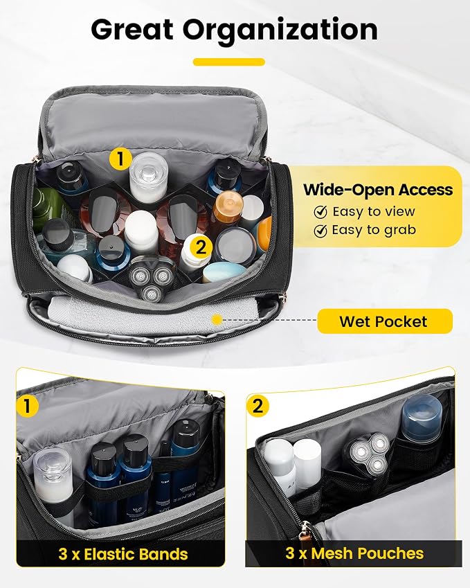Vorspack Structured Canvas Travel Toiletry Bag for Men, Large-Black | Upright Travel Bag with Wet Pocket, Wide Opening, Bathroom Organizer for Shaving Grooming Skincare, Travel Essentials, Gifts - Image 4
