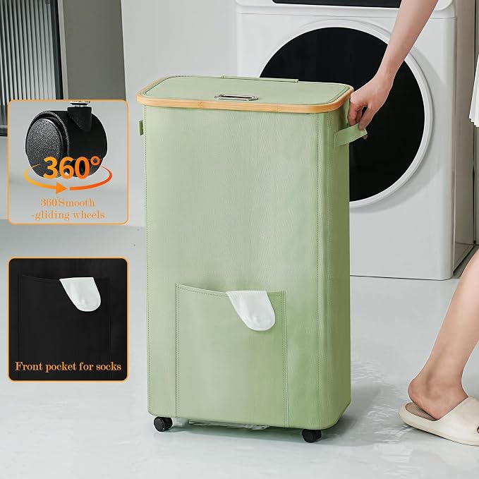 Vincona Laundry Basket with Wheels, Dirty Clothes Hamper on Wheels, Rolling Tall Laundry Hamper with lid for Laundry Room, Dorm and Bathroom, 75L Sage Green - Image 4