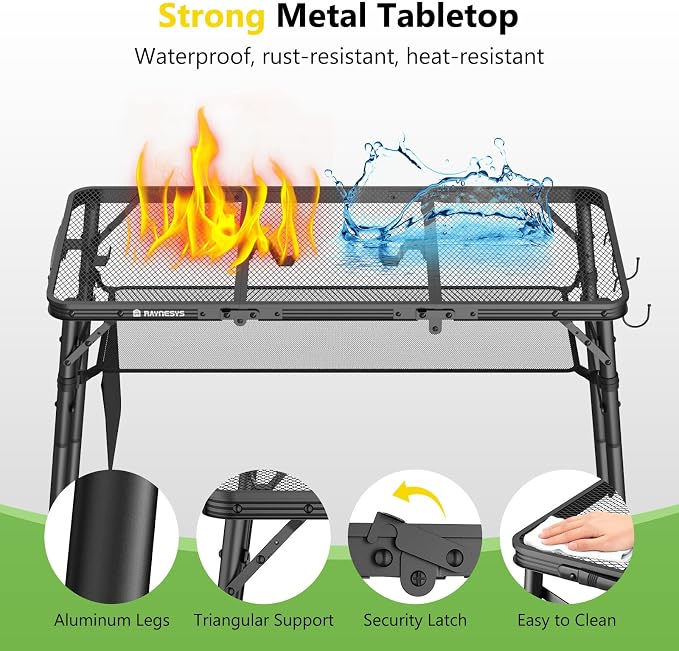 Raynesys Portable Folding Grill Table for Outside for Picnic, Camping | 3 Height Adjustable Small Camping Table with Mesh Bag, Metal Aluminum Folding Table, 35.43x15.75 inches, Black - Image 5
