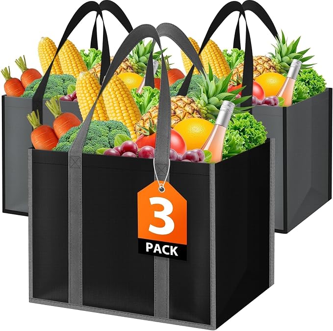 WISELIFE Reusable Grocery Bags with Handles, 35L, 3 Pack, Gray & Black | Large Shopping Bags with Reinforced Stitching, Water-Resistant Grocery Totes for Kitchen, Market, Car Trunk, Picnic by WiseLife