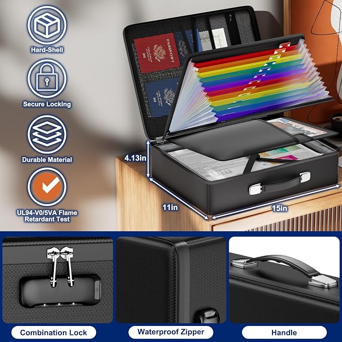 JHSafer Fireproof Document Box with Lock, Hard Shell, Black | File Box with Waterproof Zipper, Important Document Organizer with Handle, Portable Safe for Home, Office, Travel,Laptop - Image 3