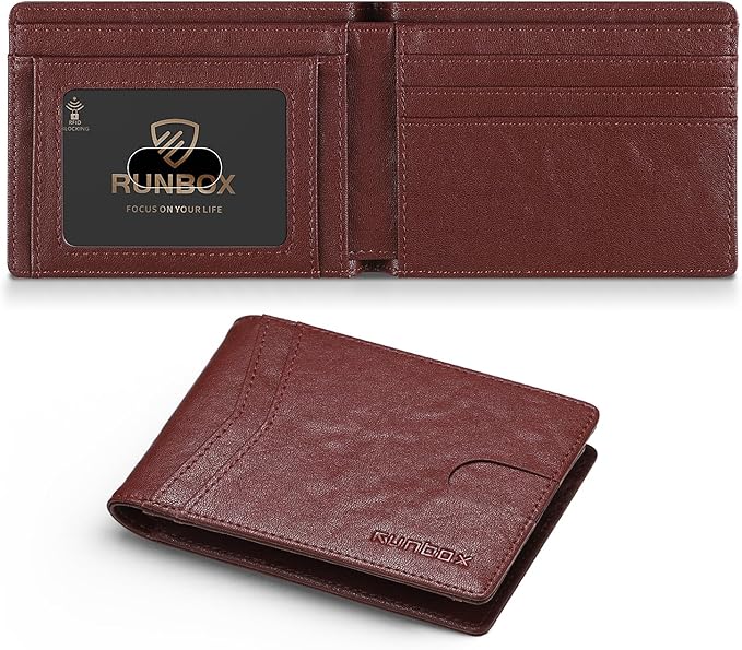 RUNBOX Wallet for Men Slim Leather Bifold RFID Blocking Minimalist Front Pocket Design with Gift Box | Minimalist Front Pocket Design, Holds 8 Cards, RFID Protection, Gifts for Men on Birthdays, Father’s Day, and Christmas by RUNBOX