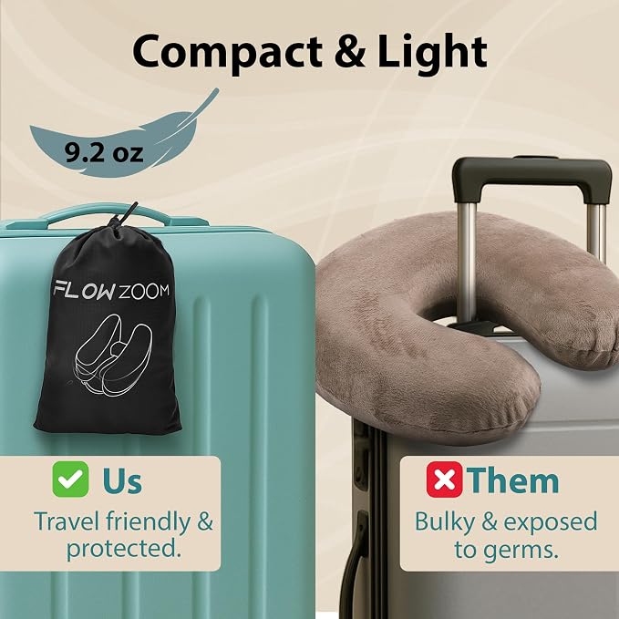 FLOWZOOM Air Inflatable Neck Pillow for Traveling on Plane - H-Shape Hooded Airplane Pillow with 5 Snooze Modes, Fast Inflation, Pressure Control, Cozy Clip-On Hood & Plushy Cover - Size L, Jet Black - Image 7