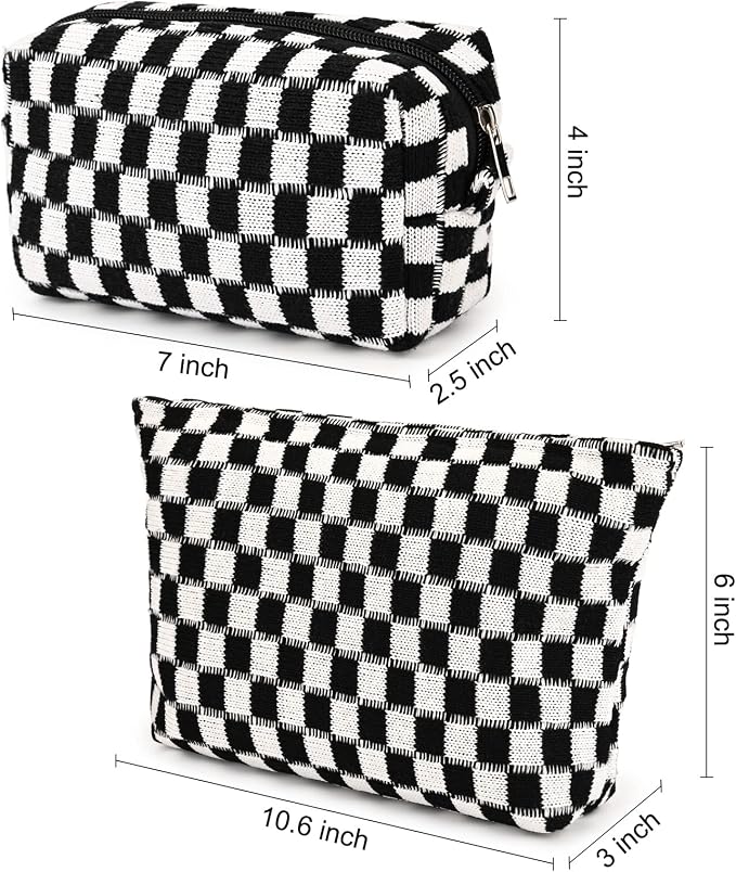 SOIDRAM 2 Pieces Black Makeup Bag Large Checkered Cosmetic Bag Capacity Canvas Mix Travel Toiletry Bag Organizer Cute Makeup Brushes Aesthetic Accessories Storage Bag for Women, Checkered Mix Black - Image 3