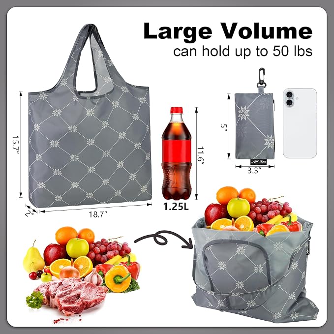 HOLYLUCK Reusable Grocery Bags,Heavy Duty Foldable Shopping Tote Bag (Standard, Grey square) - Image 3