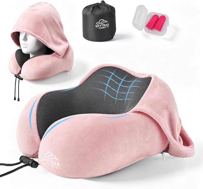 SkytraxComf® Travel Neck Pillow with Hood for Privacy on Long Flights | Memory Foam | Airplane Sleep | Safety-Tested Materials | Extra Large Hood | Chin Support | Earplugs | Washable Cover - Image 9