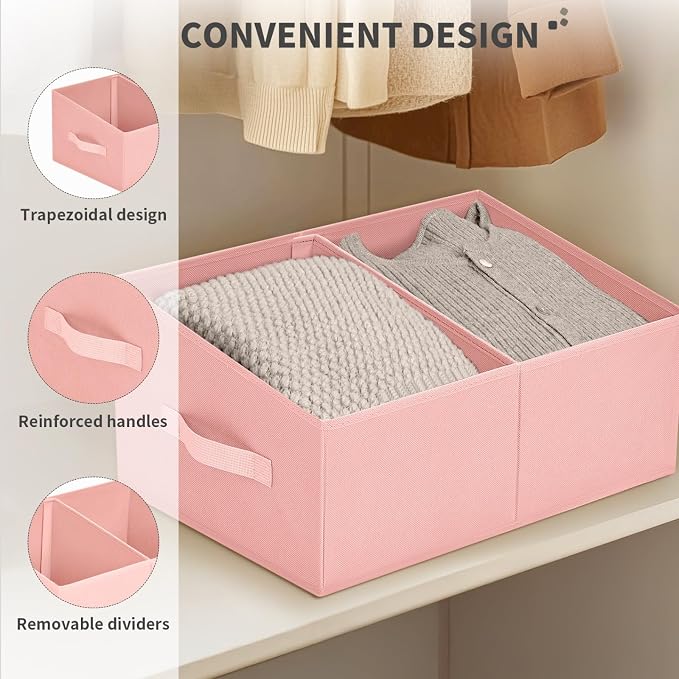 DIMJ Large Closet Shelf Organizer Bins 8 Packs with Handles and Divider, Fabric Trapezoid Storage Baskets, Foldable Clothes Containers Box for Shelf, Towel, Book, Toy, Purse, Hats, Pink - Image 4