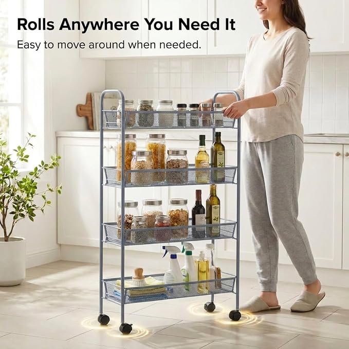 American Dream Matte Grey 4-Tier Mesh Basket Rolling Cart with Wheels Slim Metal Storage Organizer Trolley, 22.4" x 7.3" x 37.4" - Image 4