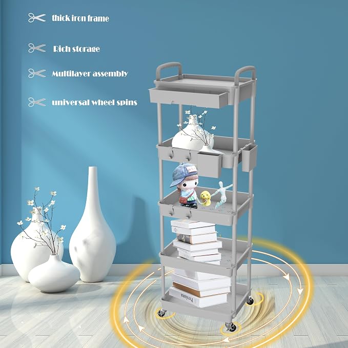 5 Tier Rolling Utility Cart with Drawer,REBECAT Utility Cart Made of Multifunctional Storage Organizer Tool for Kitchen,Bathroom,Living Room,Office(Gray) - Image 3