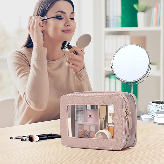 Pinkmik Clear Makeup Bag with Brush Case, (Pink, M+SLIM-1) | 2PC,Travel Toiletry Bag, Waterproof, Cosmetic Organizer, Car Essentials for Women - Image 3