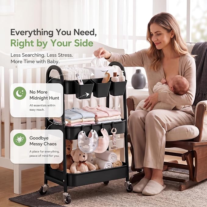 Heavy Duty 3 Tier Rolling Cart Metal with Wheels,Three Tiered Rolling Carts | Black Utility Storage Roller Shelf Organizer on Wheels for Baby, Art, Craft, Snack, Cleaning Caddy, Dorm, Bathroom, Bedside - Image 4