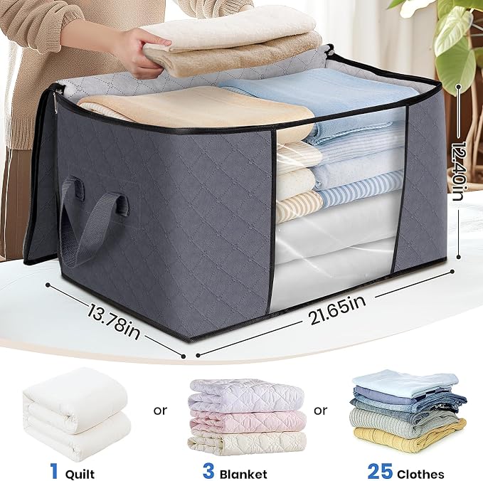 3 Pack Storage Bags for Clothes Blanket Storage Bins with Lids | Foldable Closet Organizers with Zippers,Window and Handles,Fabric Storage Bins for Sweater,Comforter,Bedding,Dorm essentials - Image 2