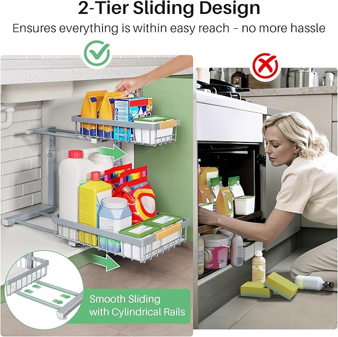Kitstorack Under Sink Organizer, 2 Tier Under the Sink Storage, Slide out Pull out Cabinet Organizer Shelf, Metal Sliding Drawer for Kitchen Bathroom Pantry Closet Organization Rack, Grey, 1 Pack - Image 6