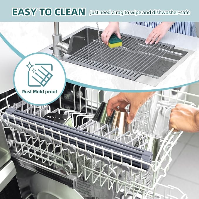 Ohuhu Over Sink Dish Drying Rack Silicone Wrapped 17.6" W x 15.4" L Large Over the Sink Roll Up Dish Drainer - Foldable Sink Drying Rack Rolling Drain Mats Anti-Slip Multipurpose for Kitchen Counter - Image 6