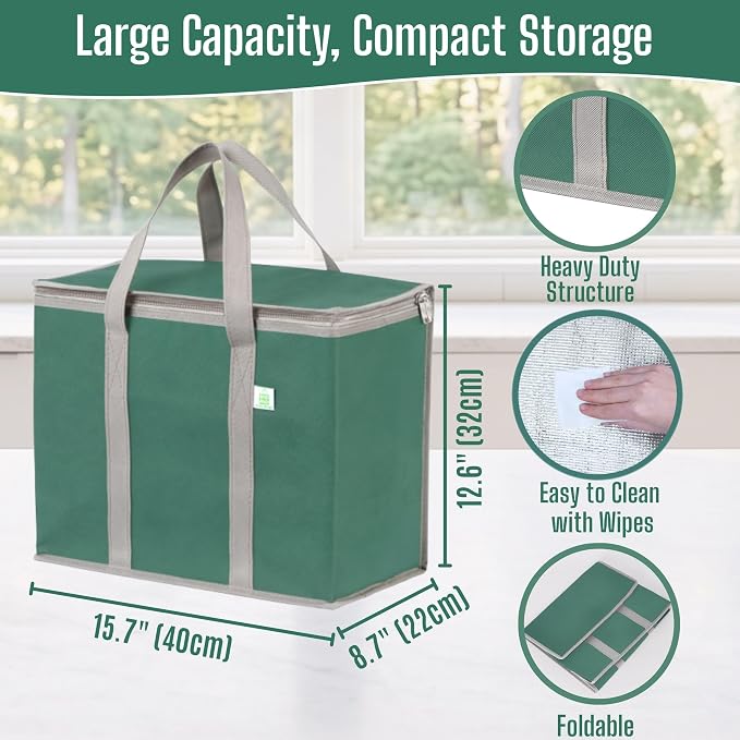 VENO 3 Pack Cooler Bag Insulated Grocery Bags for Food Delivery Heavy Duty | Large Collapsible Cooler, Reusable Shopping Tote with Zippers, Foldable, Stands Upright, for Picnic Camping (Green, 3 Pack) - Image 2