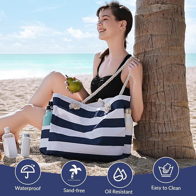 Clothirily Beach Bag for Women, Large Beach Tote Bag Waterproof with Zipper | Large Capacity Swim Pool Bag, Inner Pockets, Sandproof Foldable Beach Tote for Travel Essentials - Image 6