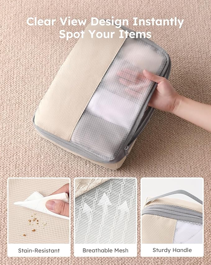 6 Set Compression Packing Cubes for Travel, Bonus Versatile Drawstring Backpack, Lightweight Luggage Organizer Bags, Sturdy Travel Accessories for Suitcase, Beige - Image 3