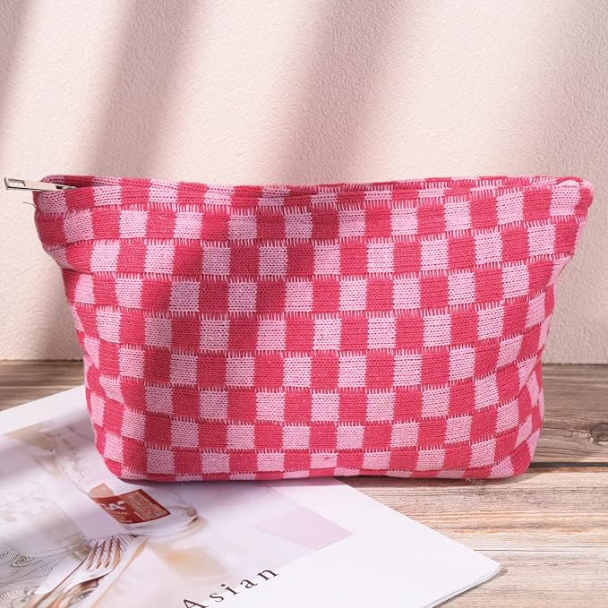 SOIDRAM 2 Pieces Makeup Bag Large Checkered Cosmetic Bag Capacity Canvas Travel Toiletry Bag Organizer Cute Makeup Brushes Aesthetic Accessories Storage Bag for Women, Checkered L Green Rose red - Image 5