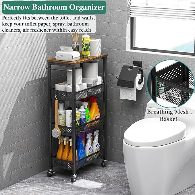 OKZEST 4-Tier Slim Rolling Storage Cart for Bathroom, Laundry Room, Kitchen | Upgraded metal hub casters, Narrow utility cart for small space/gaps, Premium wood top & metal mesh shelf, with handle & hook - Image 2