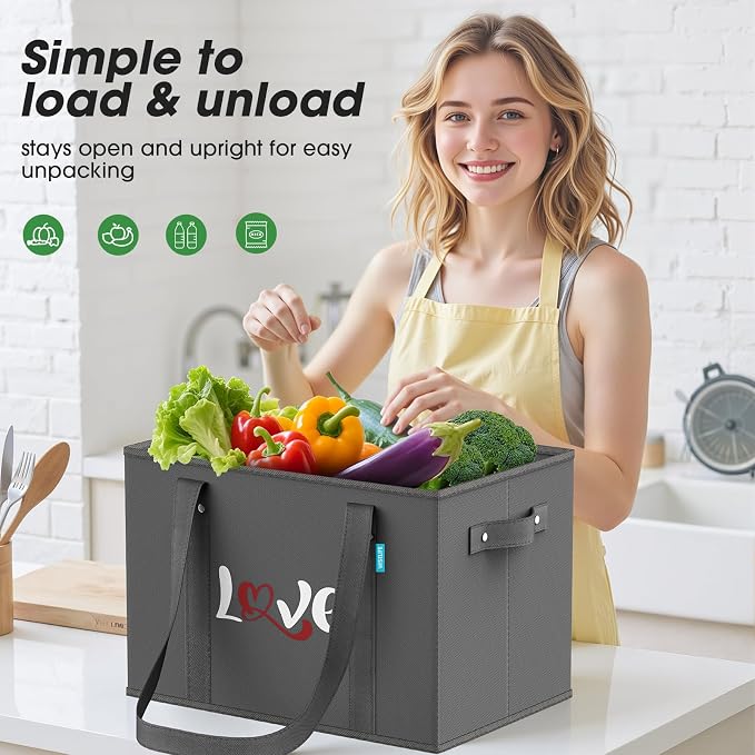 WISELIFE Reusable Grocery Bags 6 Pack Heavy Duty Foldable Shopping Tote Bags | 23L, with 11 inch Handles, Reinforced Bottom, Stand Up Stay Open, Waterproof, Foldable, Letter Print with Heart - Image 7