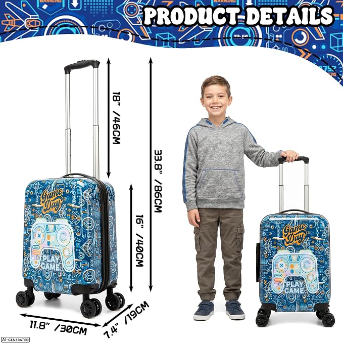 Kids Luggage Sets for Boys 2 Piece Rolling Suitcases with Wheels Hardshell Toddler Suitcase with Travel Pillow Carry on Travel Luggage with Wheels - Image 2