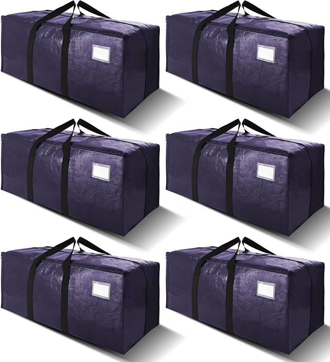 6 Pack Heavy Duty Extra Large Moving Bags W/Backpack Straps - Strong Handles & Zippers, Storage Totes For Space Saving, Fold Flat, Alternative to Box and Bin (40 gal, Blue) by VELVETSURE