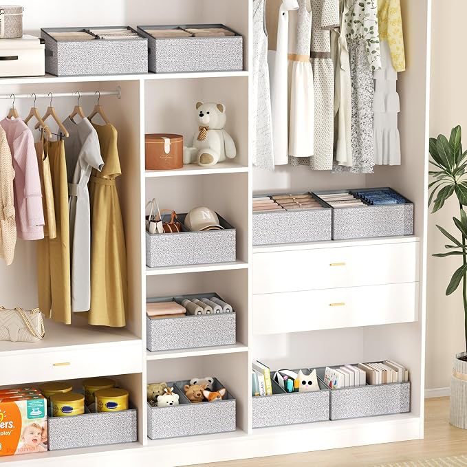 DIMJ Large Closet Shelf Organizer Bins 6 Packs with Handles and Divider, Fabric Trapezoid Storage Baskets, Foldable Clothes Containers Box for Shelf, Towel, Book, Toy, Purse, Hats, Grey - Image 6