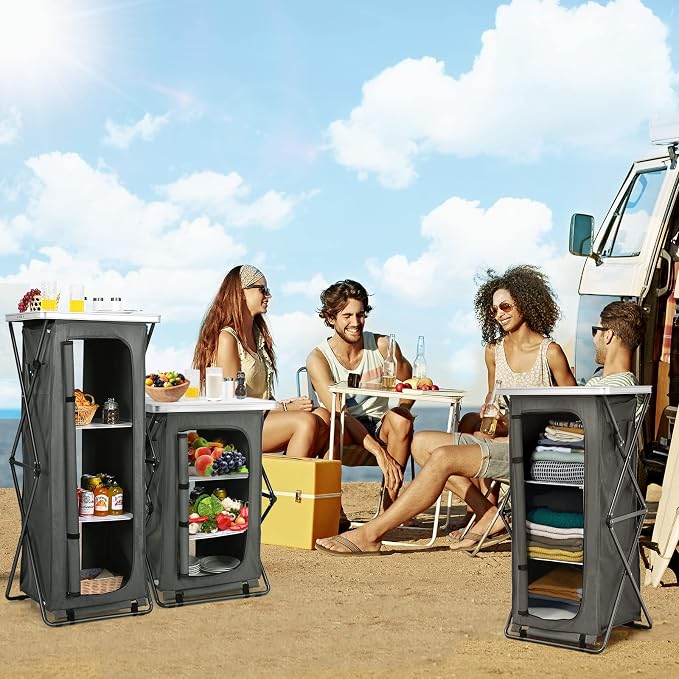 Giantex Folding Camping Storage Cabinet with 3 Shelves and Carry Bag, Portable Outdoor Organizer Kitchen Table, Quick Set-up for BBQ, Picnic, Backyard, Compact Pop-Up Cupboard, 55''H - Image 8