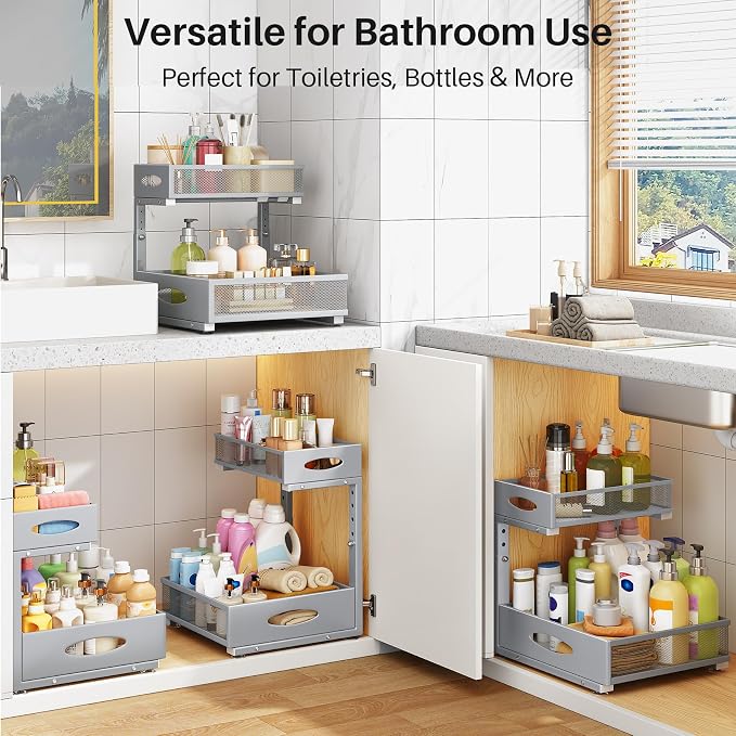 Under Sink Organizer, 2 Tier Pull Out Under Cabinet Organizer Shelf with Pad for Framed Cabinets, Metal Slide Out Under Sink Storage, Mesh Sliding Drawers for Kitchen Bathroom Laundry(Grey, 1 Pack) - Image 9