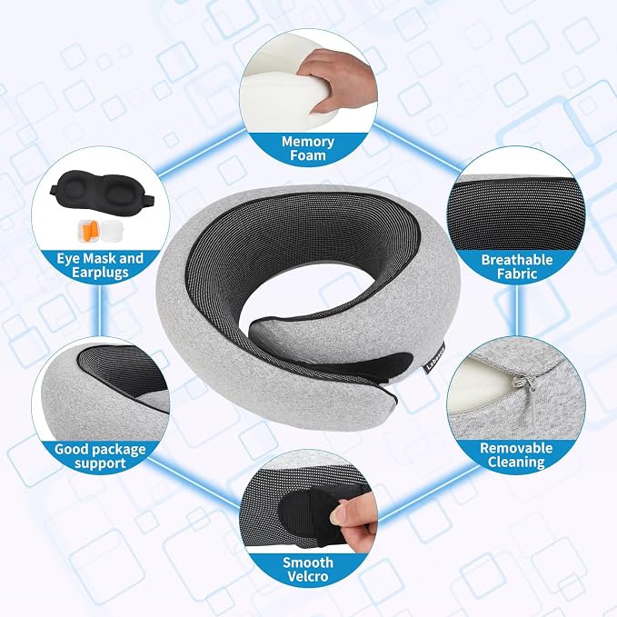 100% Memory Foam Neck Travel Pillow, Neck Pillow Airplane with Eye Mask & Ear Plugs, Ergonomic Portable Design, 360° Support Stowable Pillows Best for Travel Pillow for Plane, Car, Home, Work - Image 3